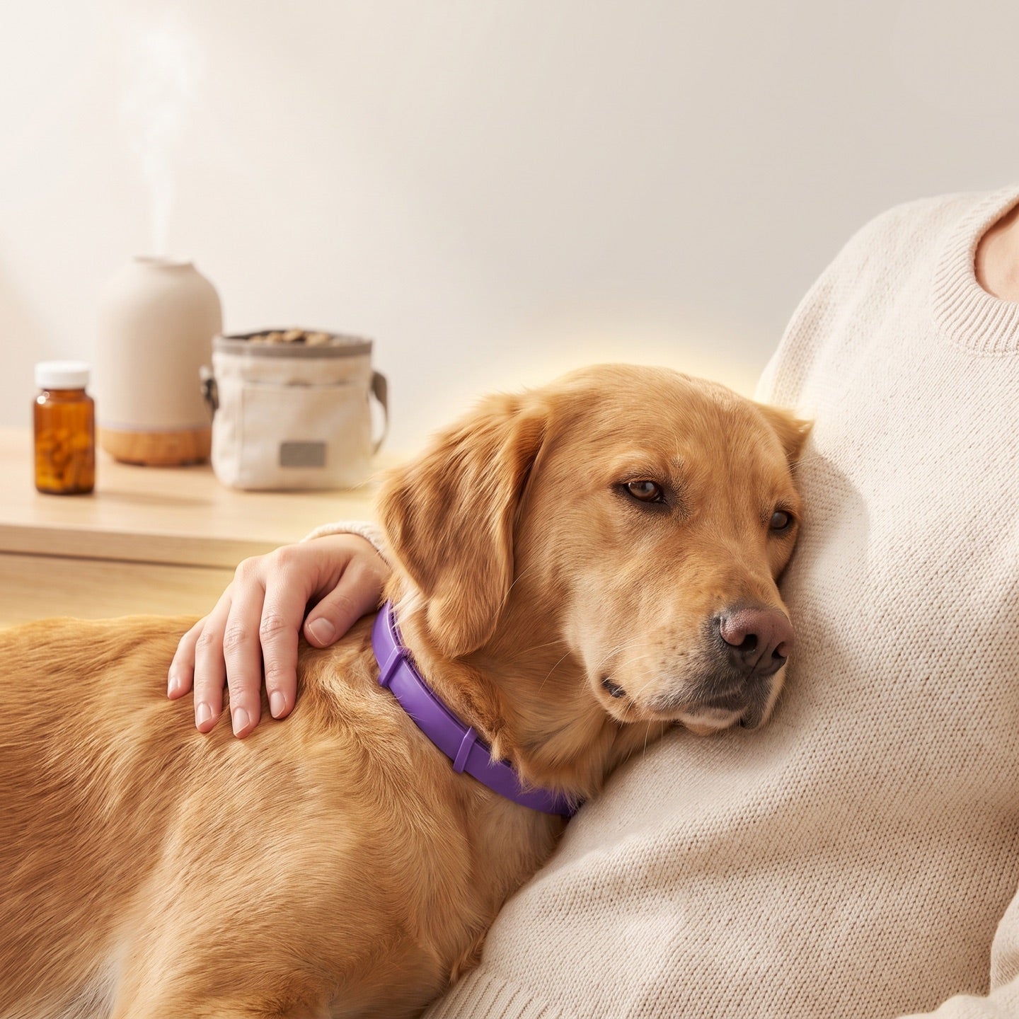 Calm dog resting beside its owner while wearing the purple PawLax collar