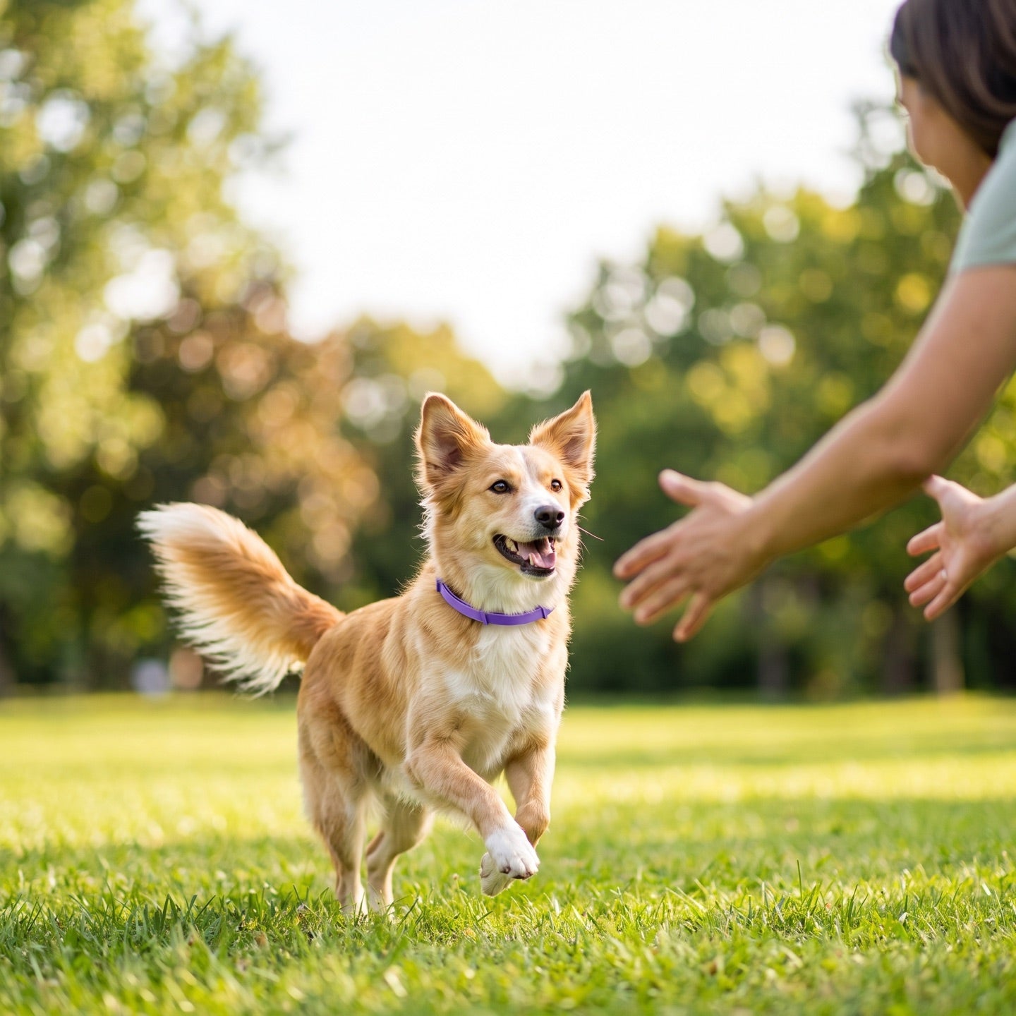 Bright, happy dog running toward its owner in a sunlit park