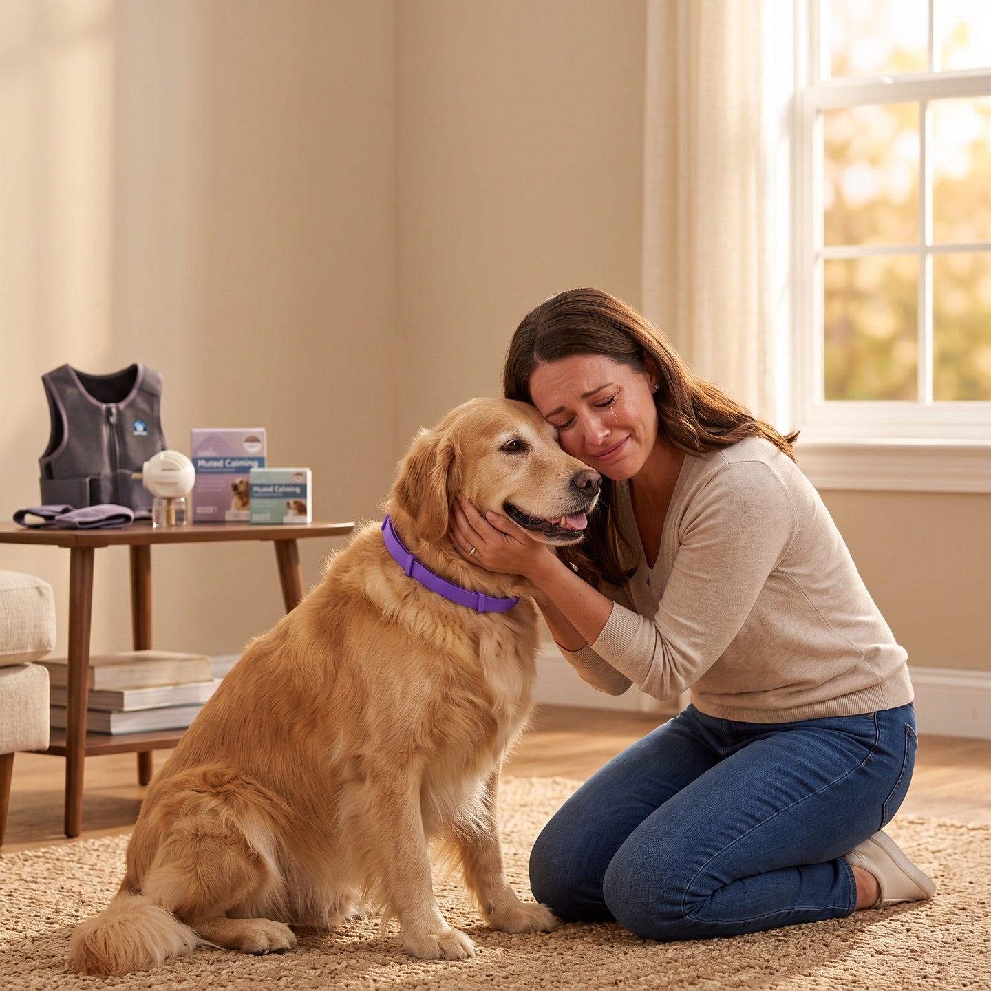 Relieved owner embracing her calm dog beside the tools that never worked