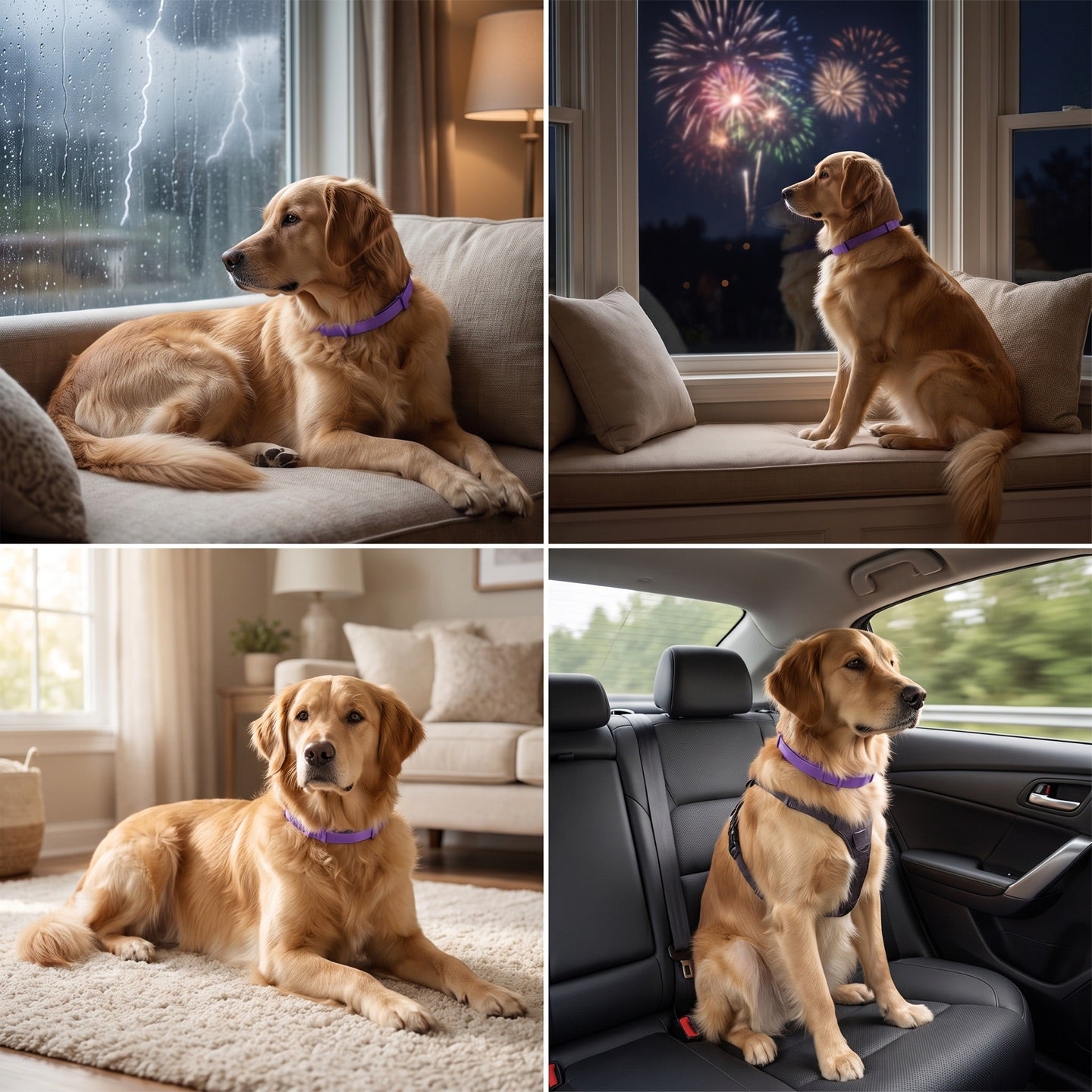 The same calm dog across a thunderstorm, fireworks, home and a car ride