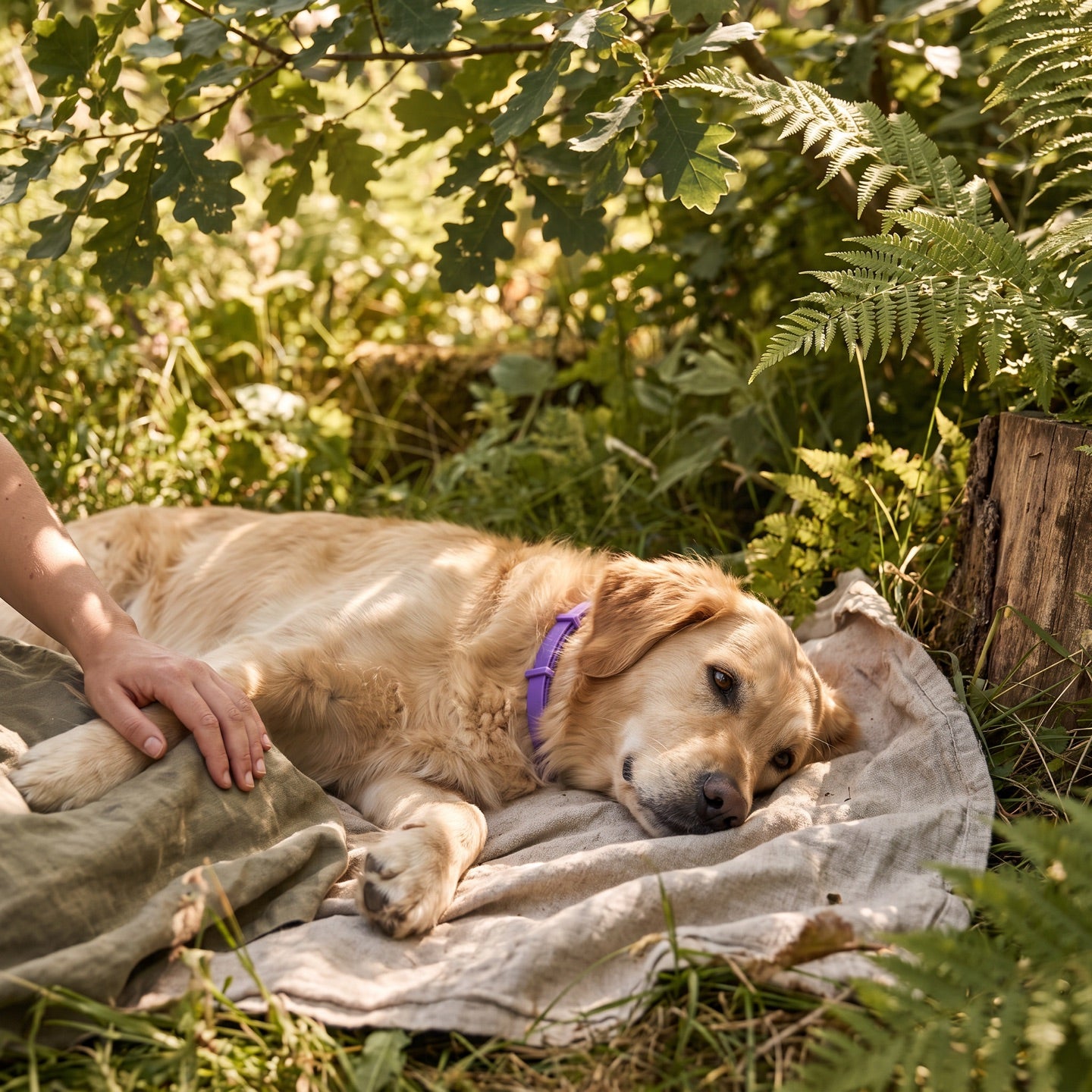 Serene dog resting in a sunlit garden beside its owner