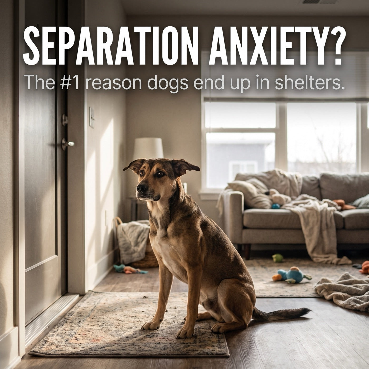 Anxious dog waiting by the front door in a wrecked living room: separation anxiety is the number one reason dogs end up in shelters