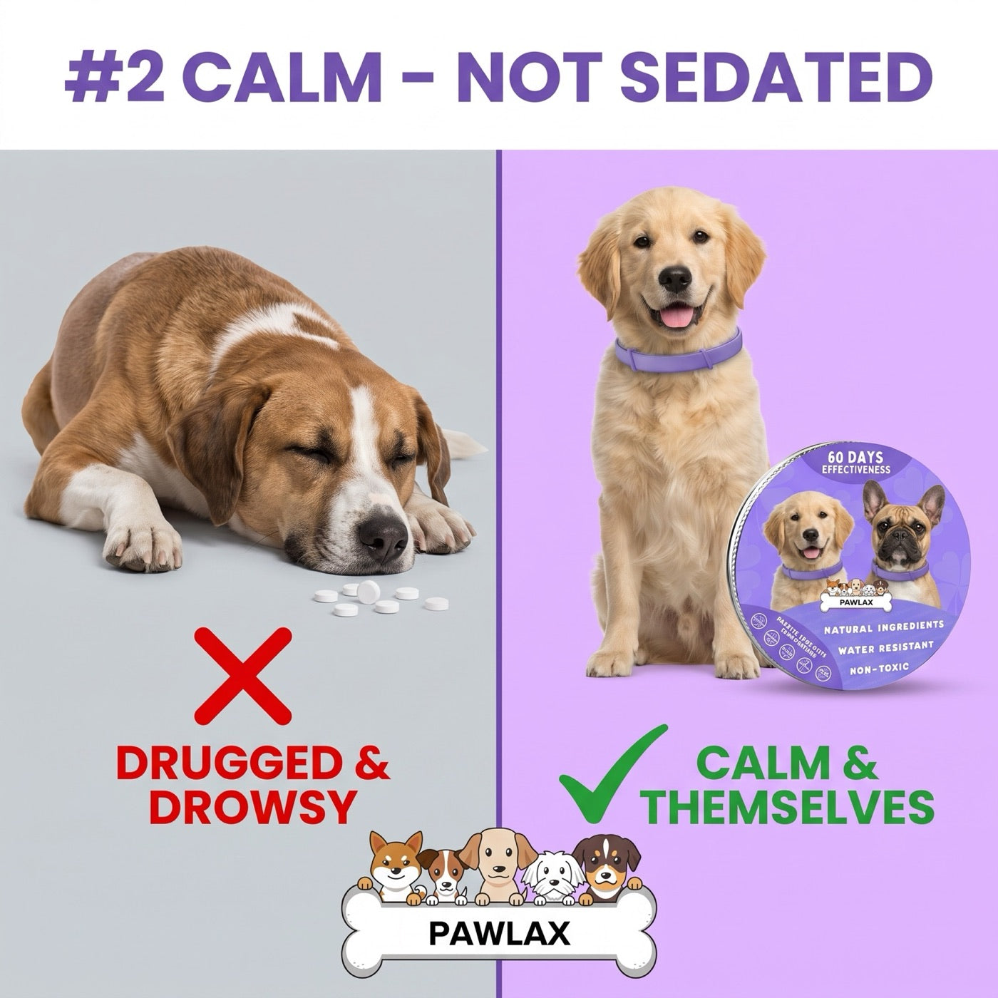 Side by side: a drugged, drowsy dog asleep next to pills versus a bright, alert dog wearing the PawLax collar