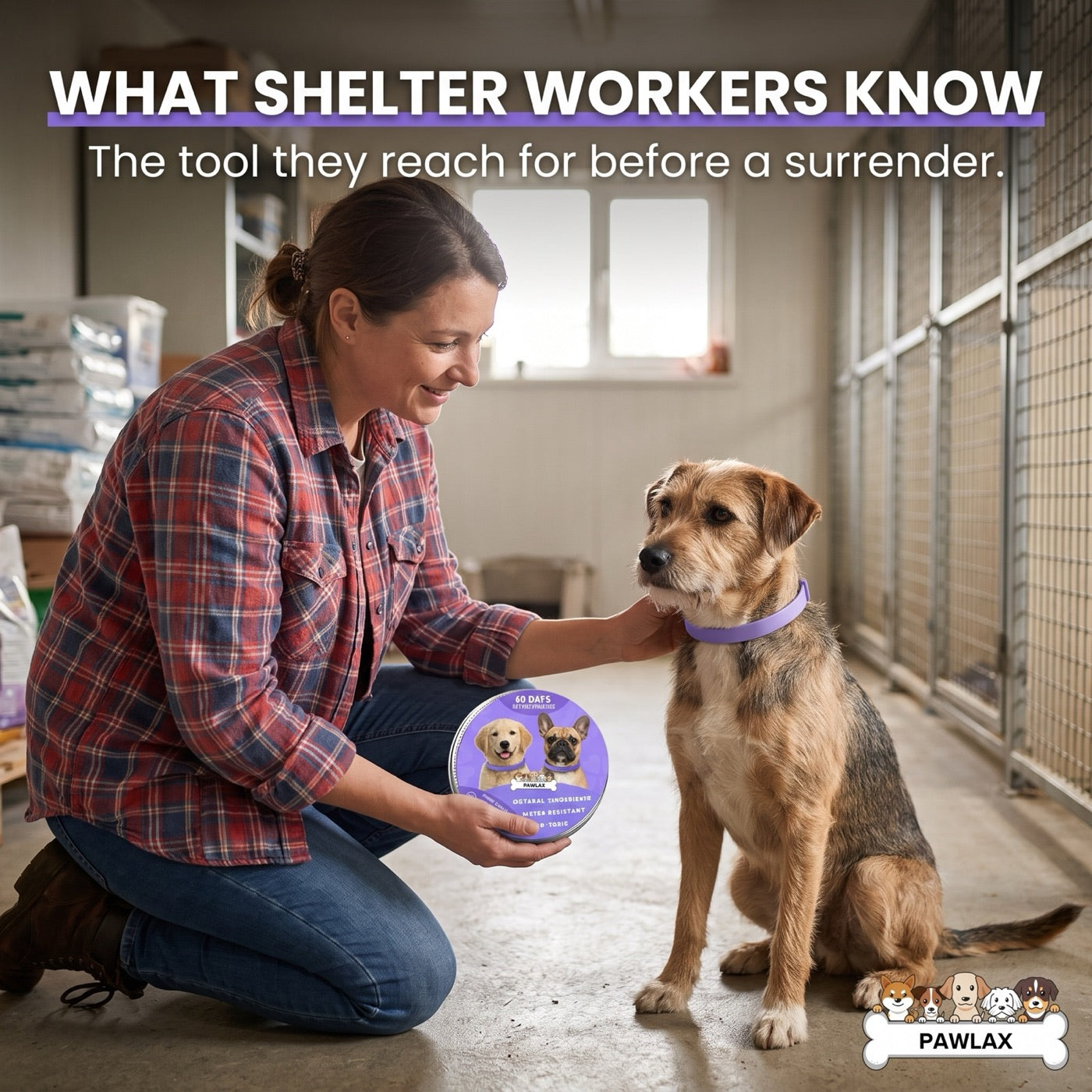Shelter worker kneeling beside a rescue dog wearing the PawLax collar, holding the tin: the tool they reach for before a surrender