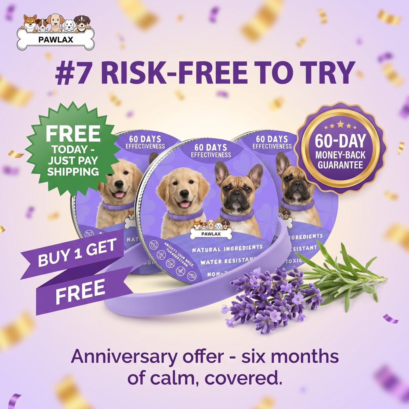 Three PawLax collar tins with the free-today, buy 1 get 2 free and 60-day money-back guarantee badges