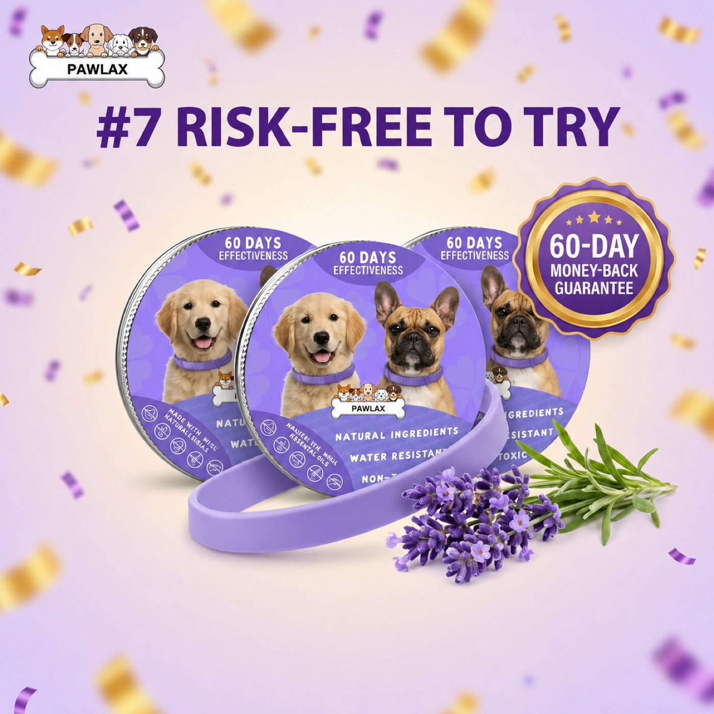 Three PawLax collar tins and a purple collar with lavender, carrying the 60-day money-back guarantee seal